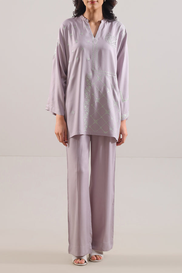 Solid Embroidered Dobby Crepe Stitched 2 Piece (Shirt/Trouser)