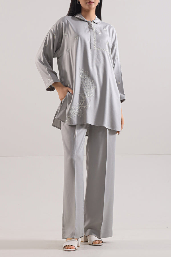 Solid Embroidered Dobby Crepe Stitched 2 Piece (Shirt/Trouser)
