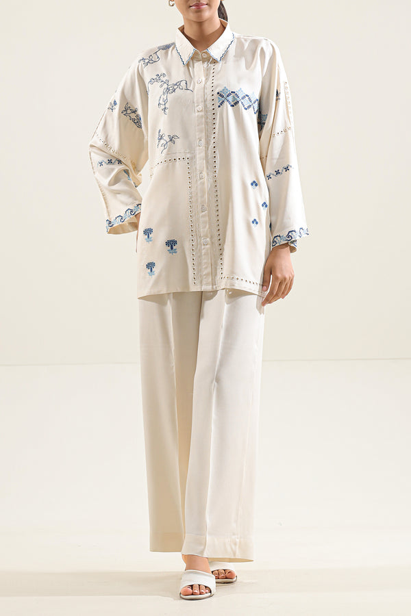 Solid Embroidered Dobby Crepe Stitched 2 Piece (Shirt/Trouser)