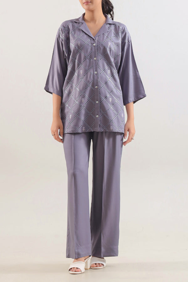 Solid Embroidered Dobby Crepe Stitched 2 Piece (Shirt/Trouser)