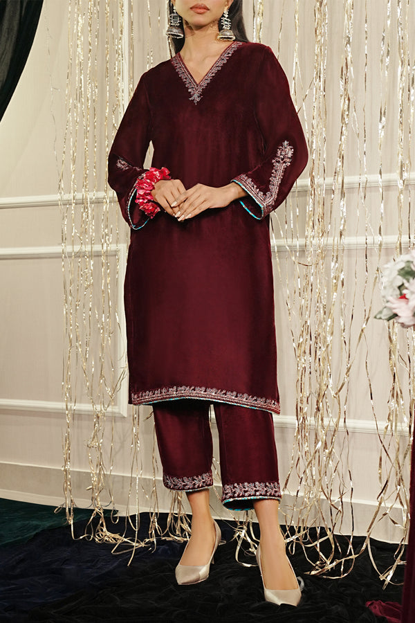 Embroidered Velvet Stitched (Shirt/Trouser)