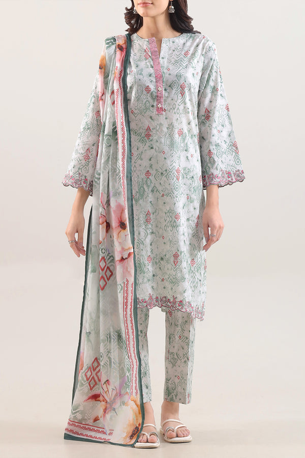 Printed Embroidered Cotton Jacquard Stitched 3 Piece