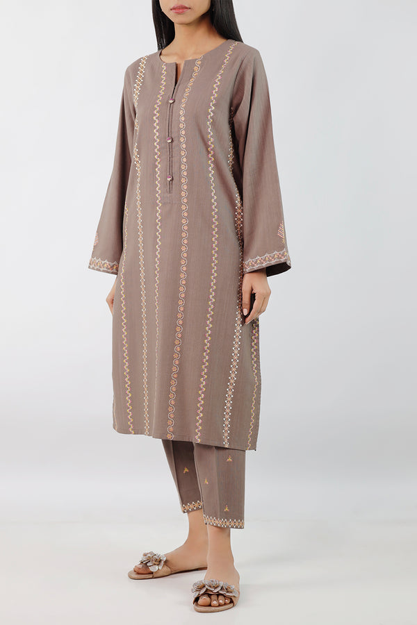 Solid Embroidered Slub Viscose Stitched 2 Piece (Shirt/Trouser)