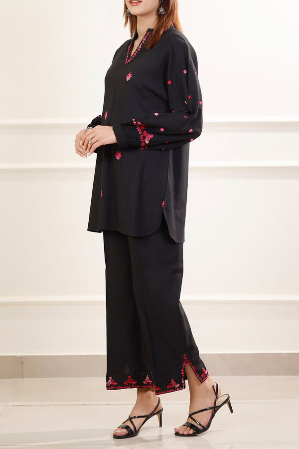 Solid Embroidered Slub Viscose Stitched 2 Piece (Shirt/Trouser)