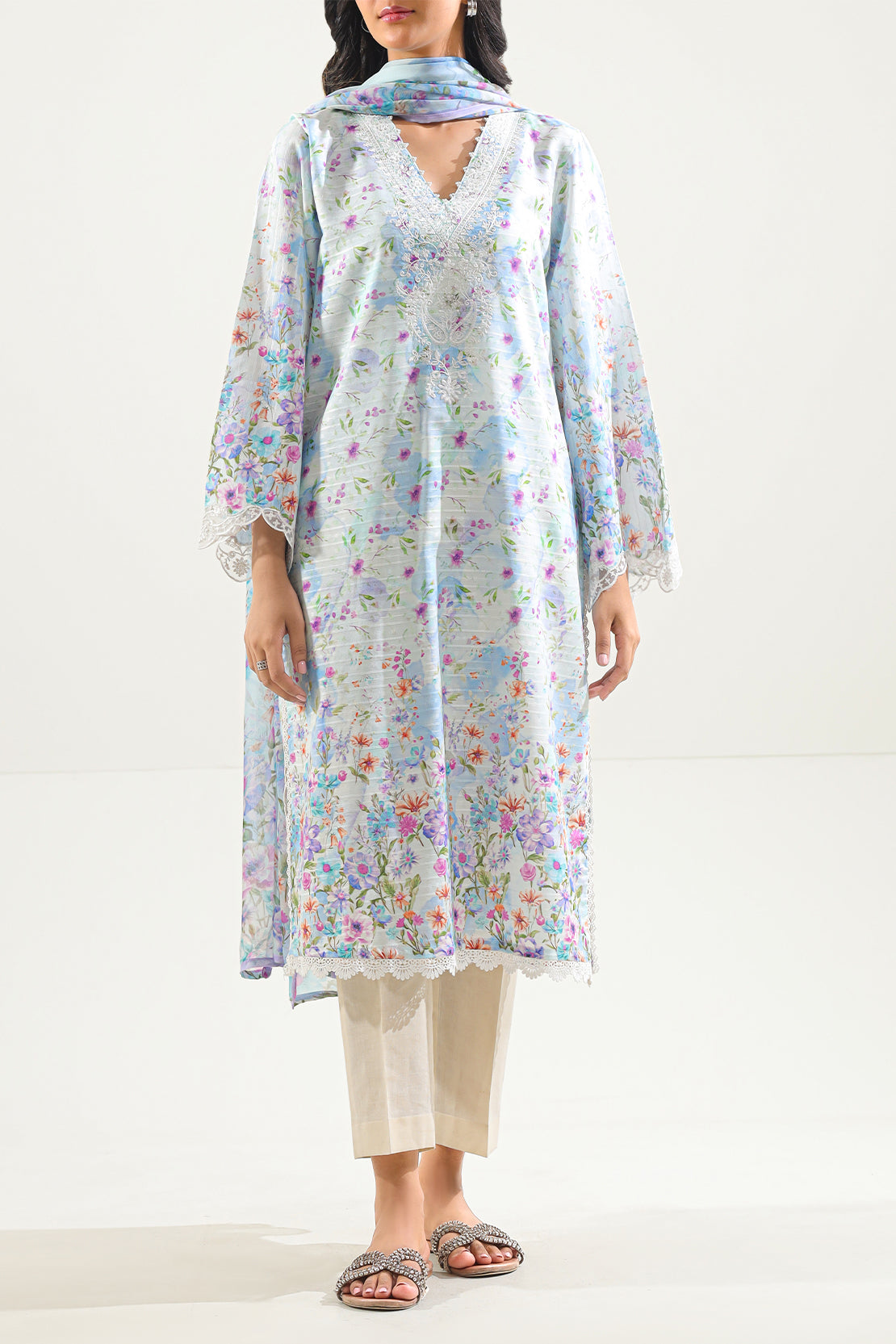 Printed Embroidered Cotton Jacquard Stitched Shirt