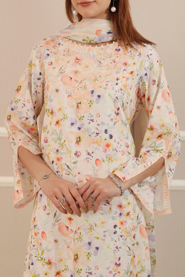 Printed+Embroidered Cotton Jacquard Stitched 2 Piece (Shirt/ Chiffon Dupatta)