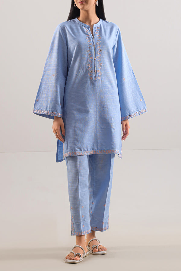 Solid Embroidered Soft Raw Silk Stitched 2 Piece (Shirt/Trouser)
