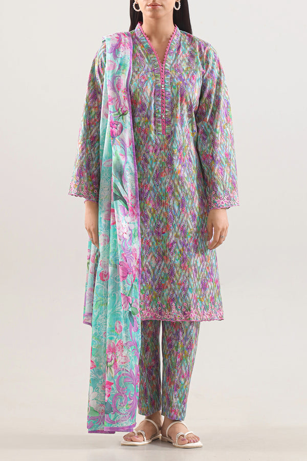 Printed Embroidered Cotton Jacquard Stitched 3 Piece