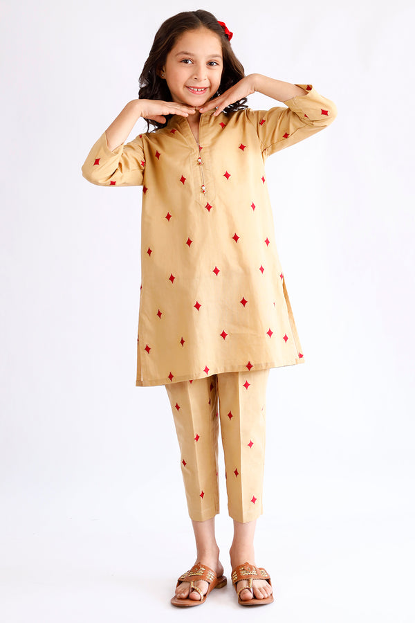 Stitched Cotton Jacquard Shirt/trouser For Kids