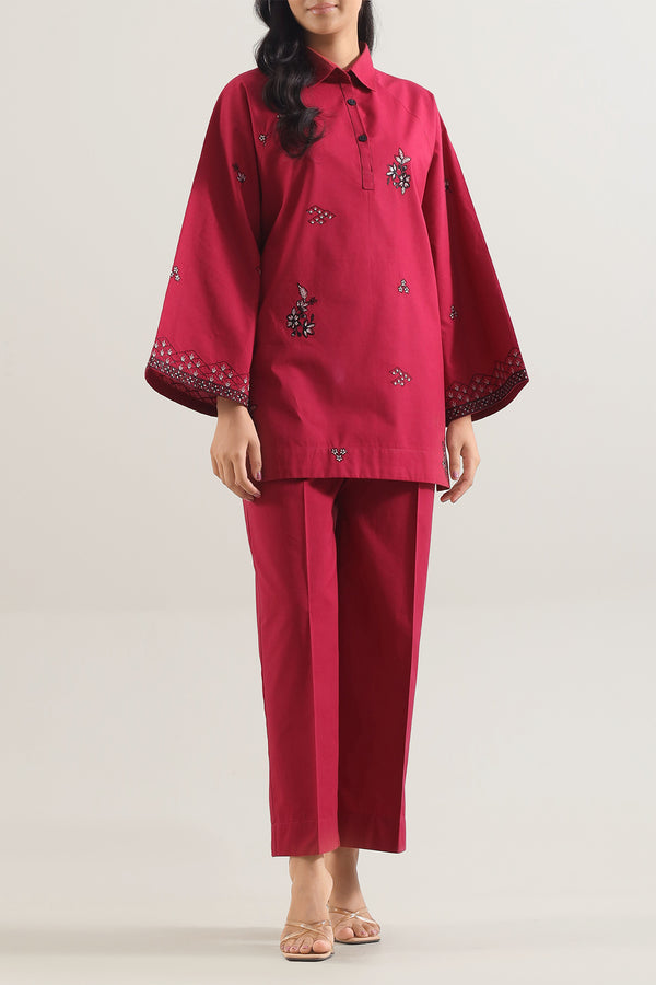 Solid Embroidered Poplin Stitched 2 piece (Shirt/Trouser)