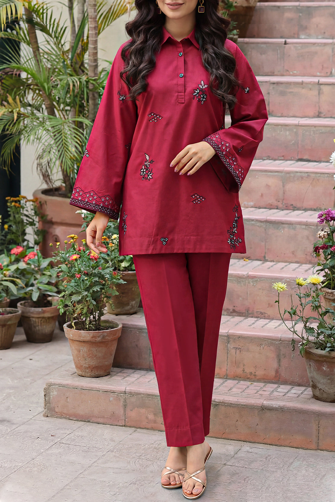 Solid Embroidered Poplin Stitched 2 piece (Shirt/Trouser)