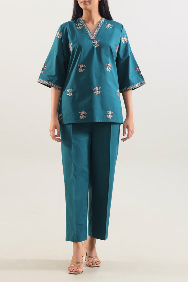 Solid Embroidered Poplin Stitched 2 piece (Shirt/Trouser)