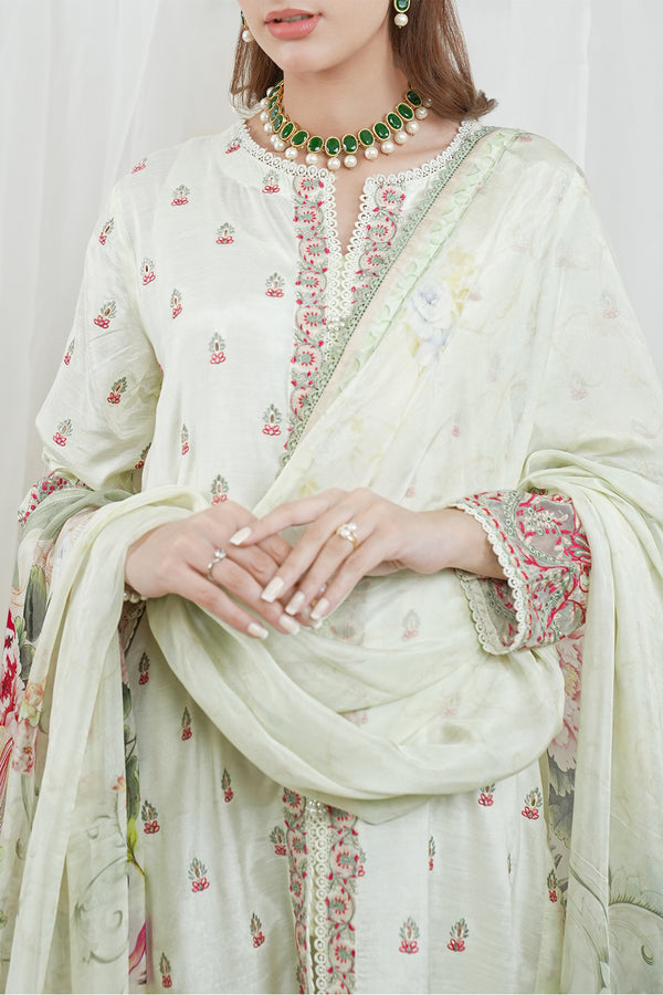 Luxury Pret Embroidered Raw Silk Stitched 3 Piece