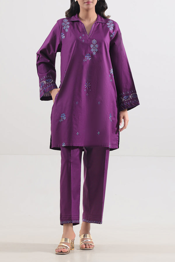Solid Embroidered Cotton Stitched 2 Piece (Shirt/Trouser)