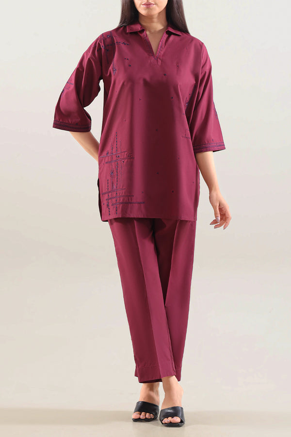 Solid Embroidered Polyester 2 Piece (Shirt/Trouser)