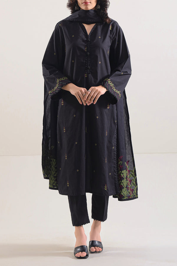 Solid Embroidered Cotton Stitched 3 Piece