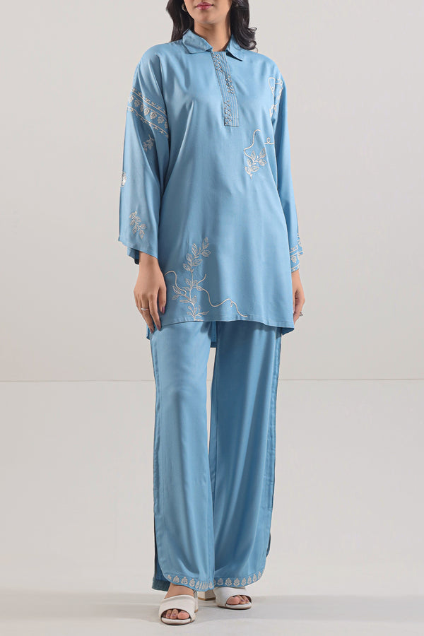 Solid Embroidered Dobby Crepe Stitched 2 Piece (Shirt/Trouser)