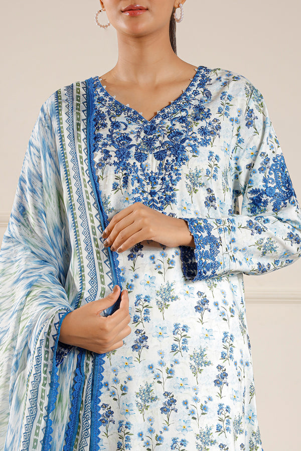 Printed Embroidered Cotton Jacquard Stitched 3 Piece With Chiffon Dupatta