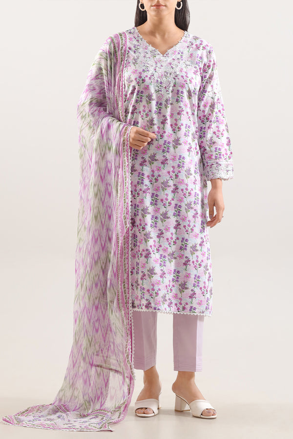 Printed Embroidered Cotton Jacquard Stitched 3 Piece With Chiffon Dupatta
