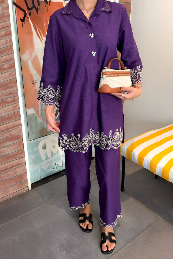 Solid Embroidered Soft Raw Silk Stitched 2 Piece (Shirt/Trouser)