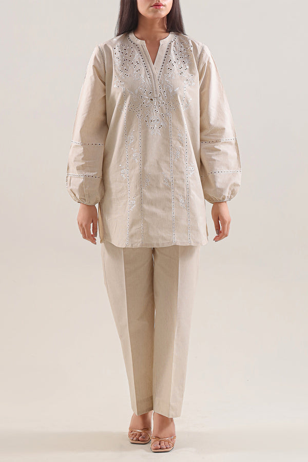 Solid Embroidered Cotton Linen Stitched 2 Piece (Shirt/Trouser)