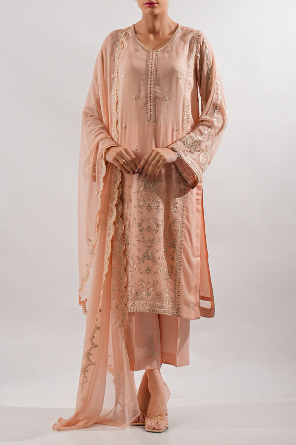 Solid Embroidered Chiffon Stitched 3 Piece