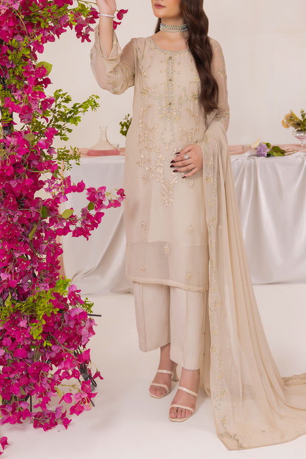 Solid Embroidered Chiffon Stitched 3 Piece