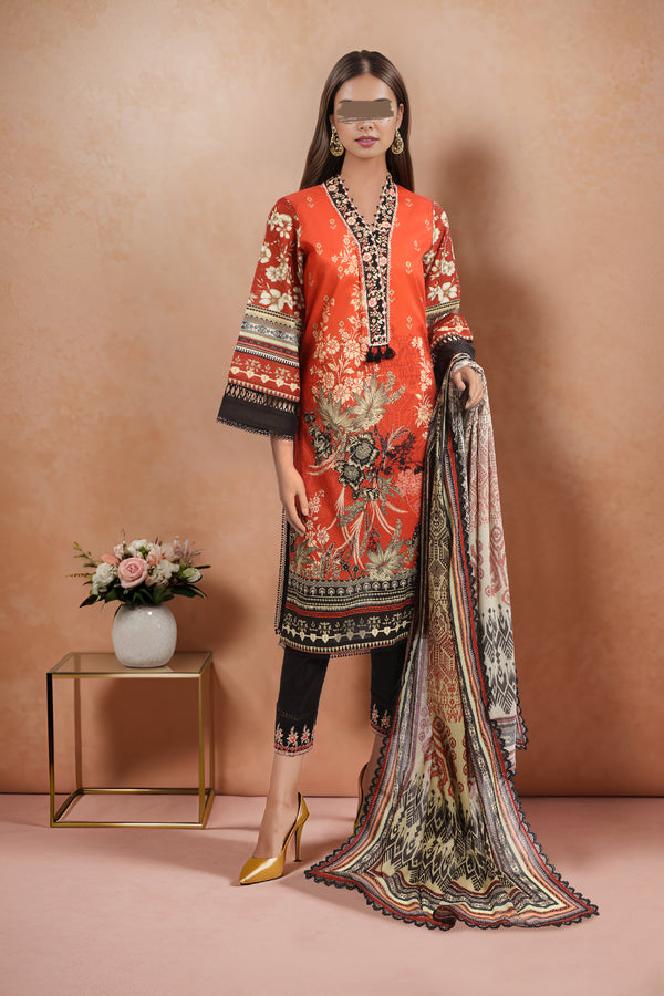 Unstitched Printed Embroidered Lawn 3 Piece