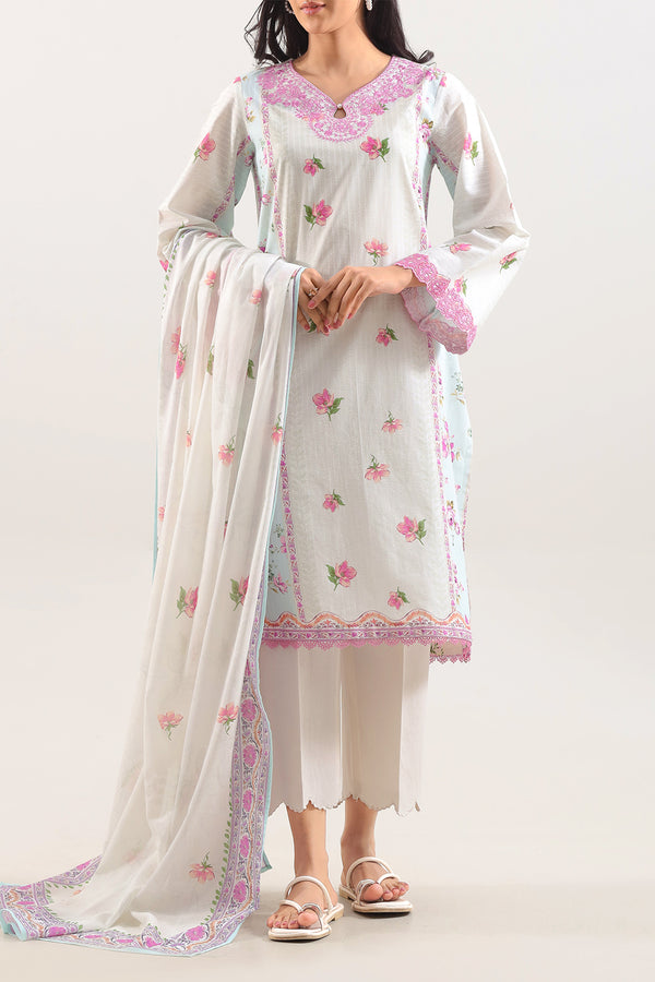 Unstitched Printed Embroidered Strip Lawn 3 Piece