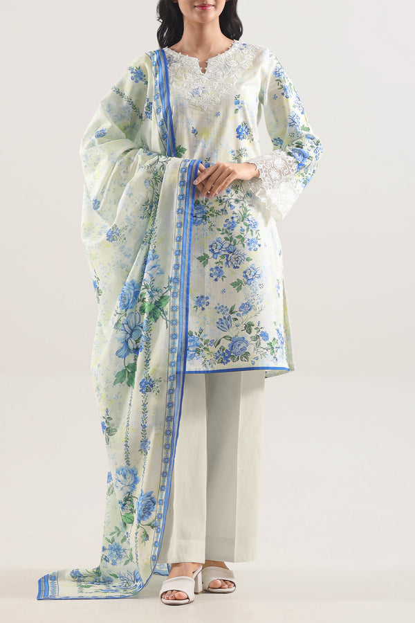 Unstitched Printed Embroidered Strip Lawn 3 Piece