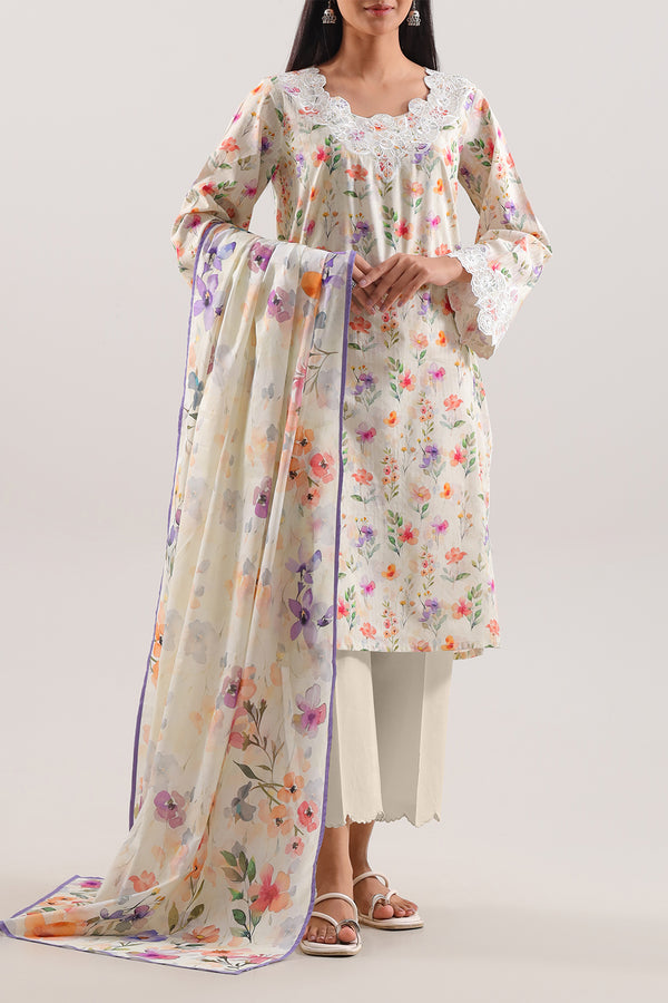 Unstitched Printed Embroidered Strip Lawn 3 Piece