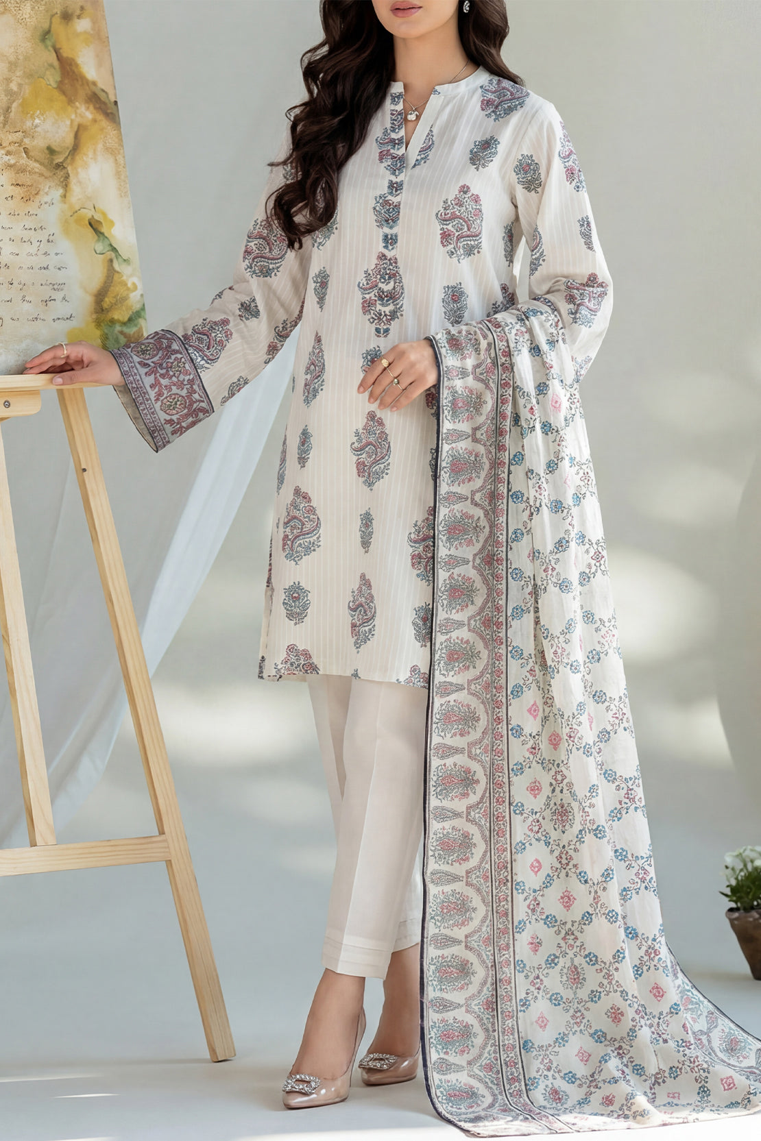 Unstitched Printed Self Strip Lawn 3 Piece