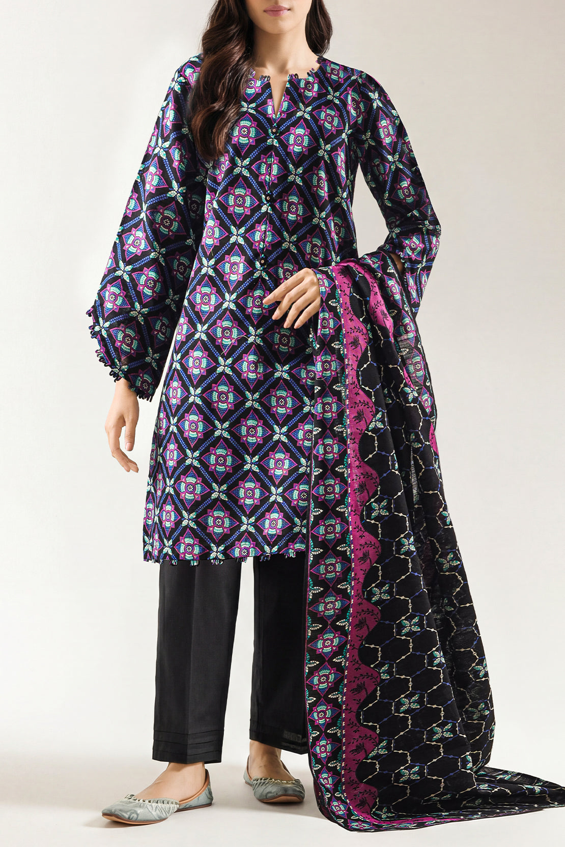 Black Contemporary Floral Lawn 3-Piece