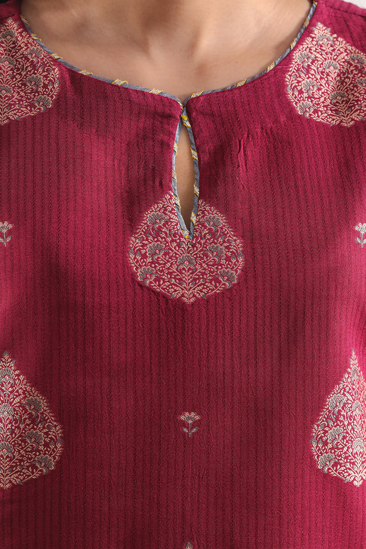 Red - Jacquard Weave Cotton Patchwork Unstitched Kurta Material (2.5M) 29