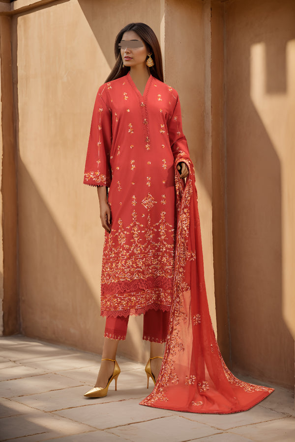 Unstitched Embroidered Cambric 3 Piece with Chiffon Dupatta
