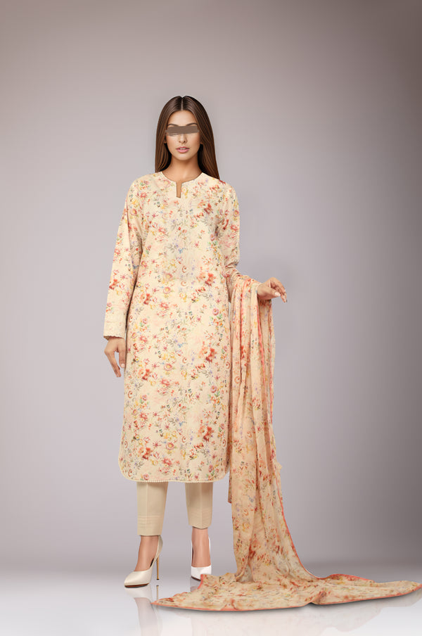 Unstitched Printed Lawn 3 Piece With Chiffon Dupatta