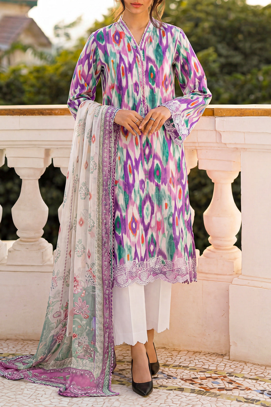Unstitched Printed Embroidered Cotton Tencel 3 Piece With Chiffon Dupatta
