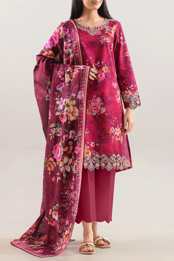 Unstitched Printed Embroidered Strip Lawn 3 Piece