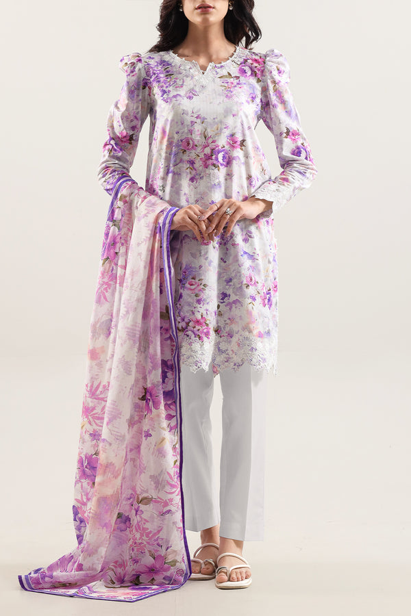 Unstitched Printed Embroidered Strip Lawn 3 Piece