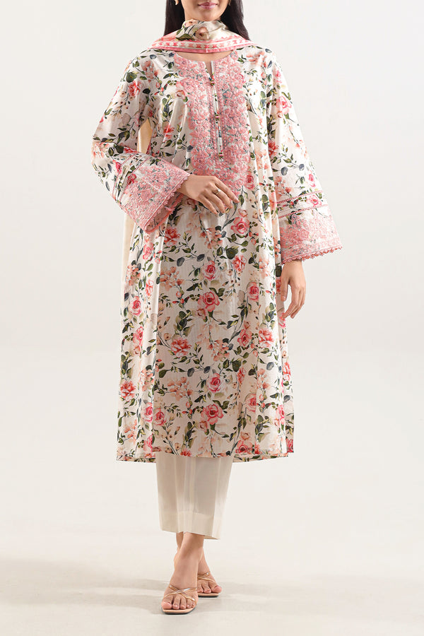 Unstitched Printed Embroidered Strip Lawn 3 Piece