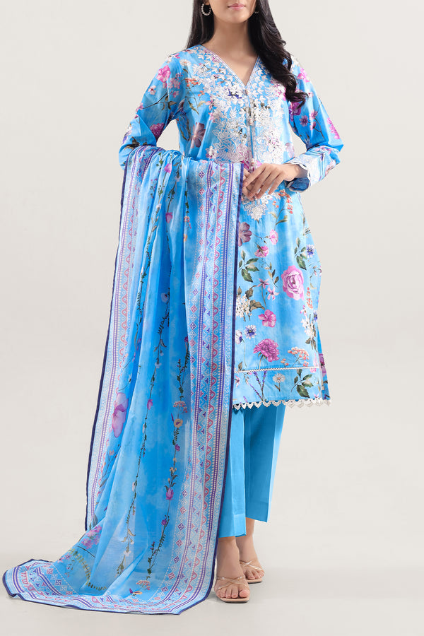 Unstitched Printed Embroidered Strip Lawn 3 Piece