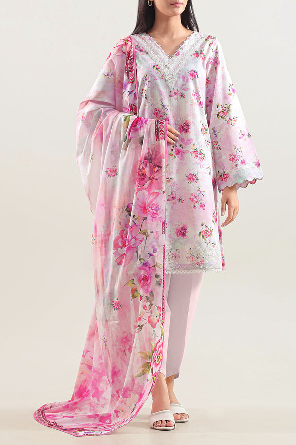 Unstitched Printed Embroidered Strip Lawn 3 Piece