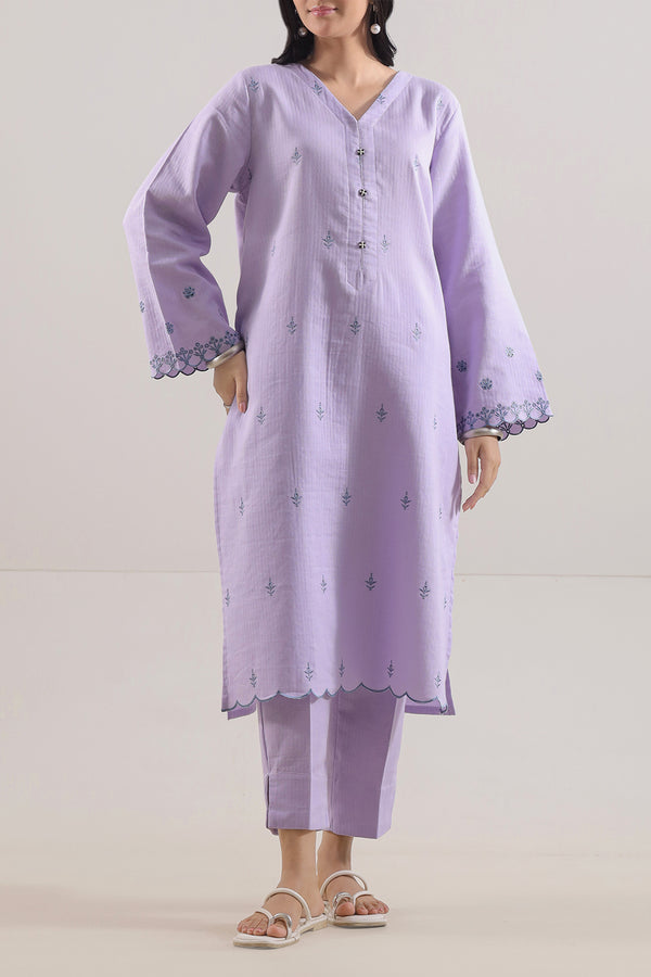 Solid Embroidered Cotton Stitched 2 Piece (Shirt/Trouser)