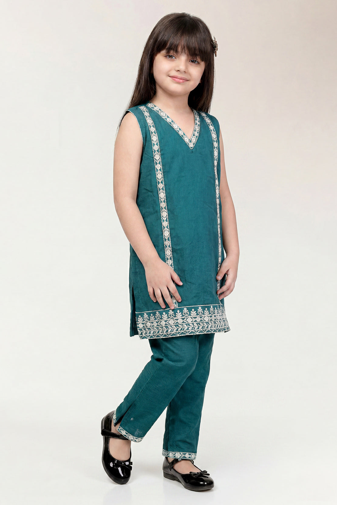 Solid Embroidered Chiffon Stitched 2 Piece (Shirt/Trouser) For Kids