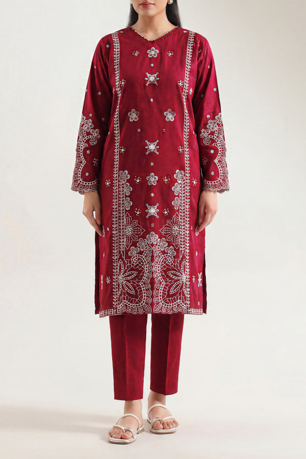 Solid Embroidered Cotton Stitched 2 Piece (Shirt/Trouser)