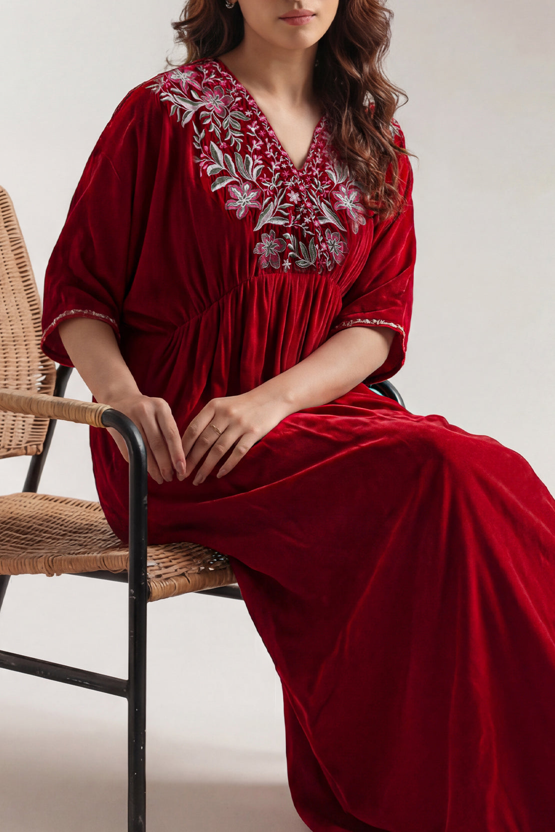 Solid Embroidered Velvet Kaftaan Stitched Shirt
