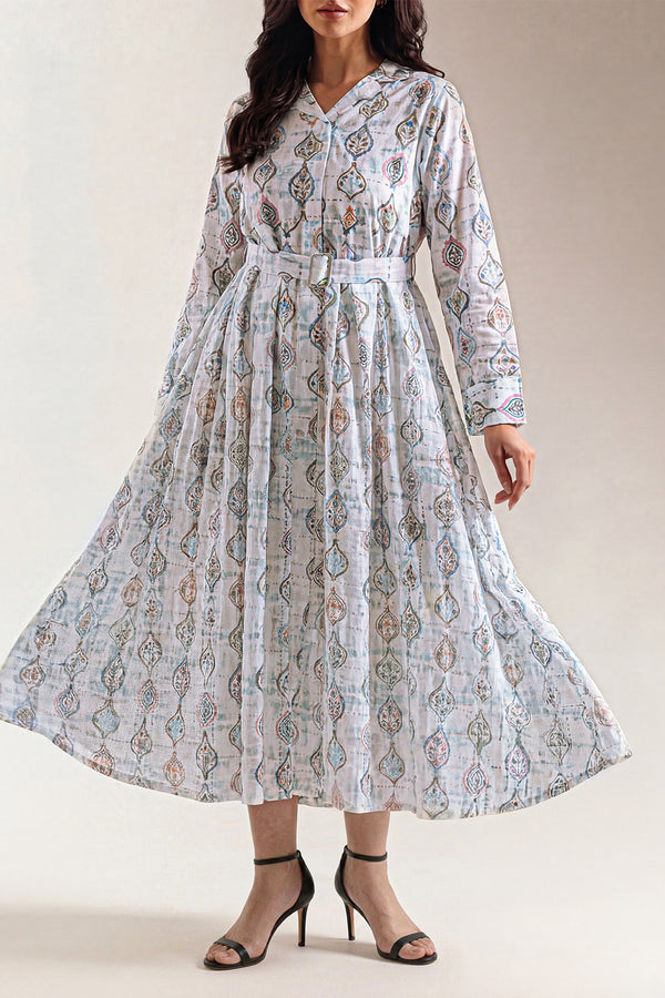 Printed Self Strip Lawn Stitched Dress