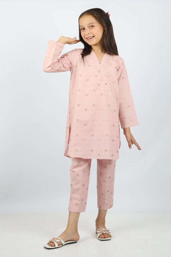 Stitched Cotton Jacquard Shirt/trouser For Kids