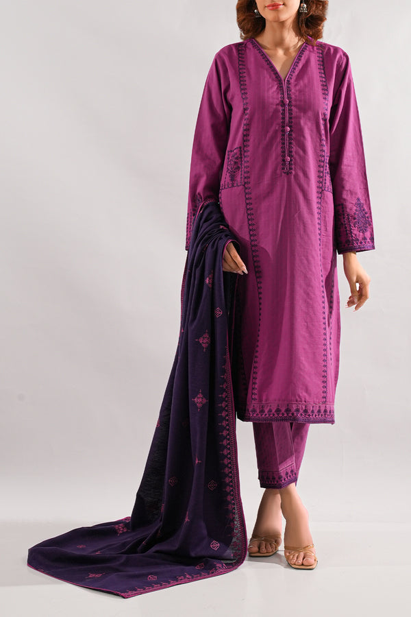 Solid Embroidered Slub Cotton Stitched 2 Piece (Shirt/Trouser)