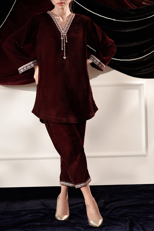 Embroidered Velvet Stitched (Shirt/Trouser)